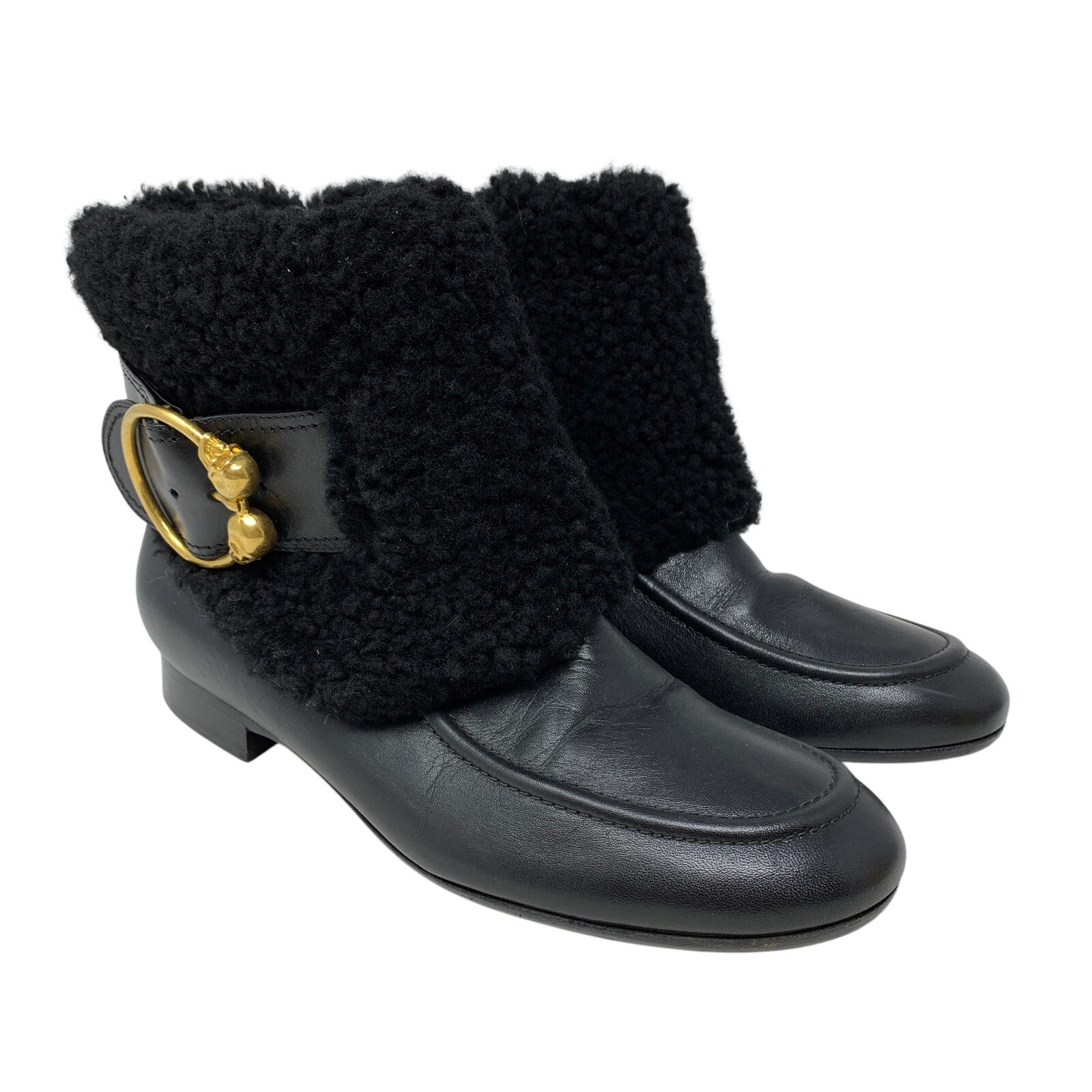 Alexander Mcqueen Leather Shearling Ankle Boots Womens Sz 38 Us 8 Gold Buckles